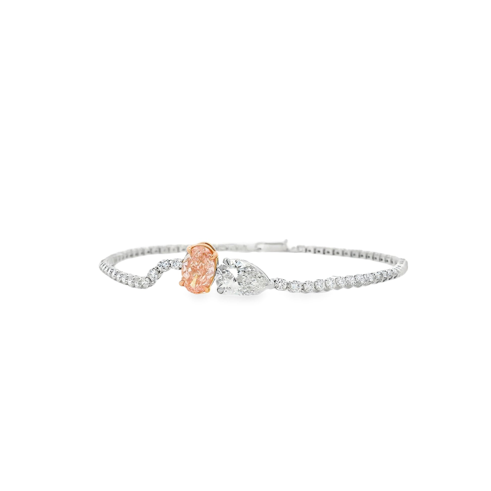 14k White and Rose Gold 4.08ctw Lab Grown Pink Oval, Pear & Round Diamond Two-Tone Tennis Bracelet — worn on the wrist