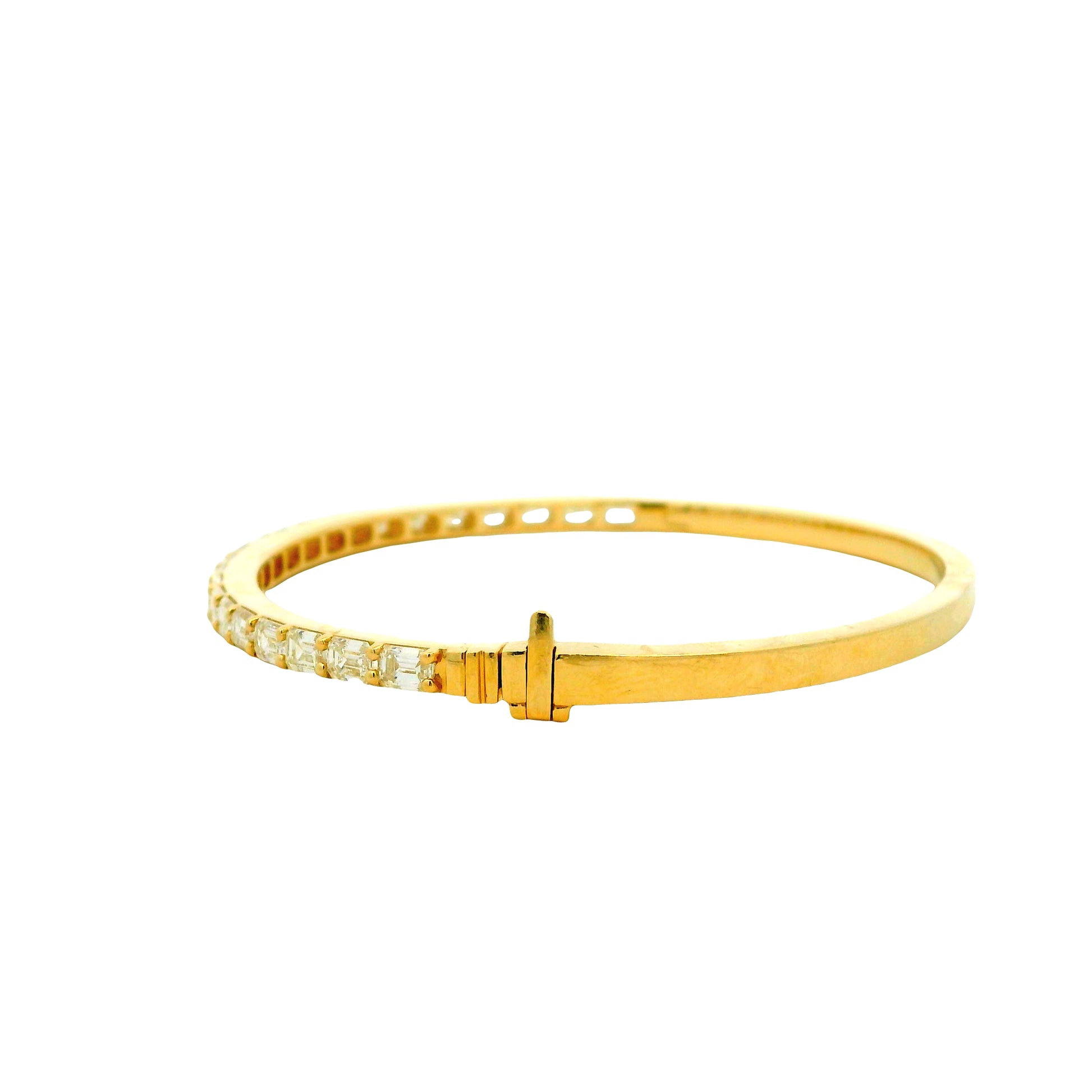 14k Yellow Gold 3.14ctw Emerald Cut Diamond Bangle Bracelet — worn on the wrist