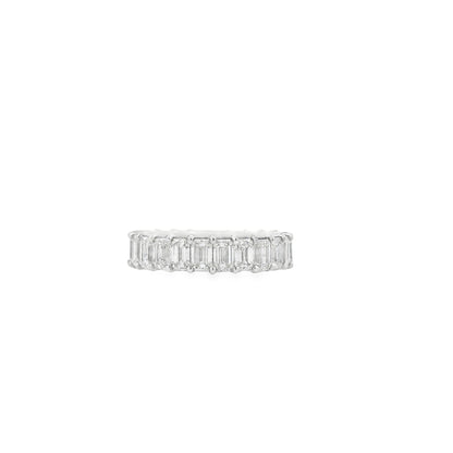 18k White Gold 4.76ctw Natural Emerald Cut Emerald Eternity Band Ring — worn on the finger