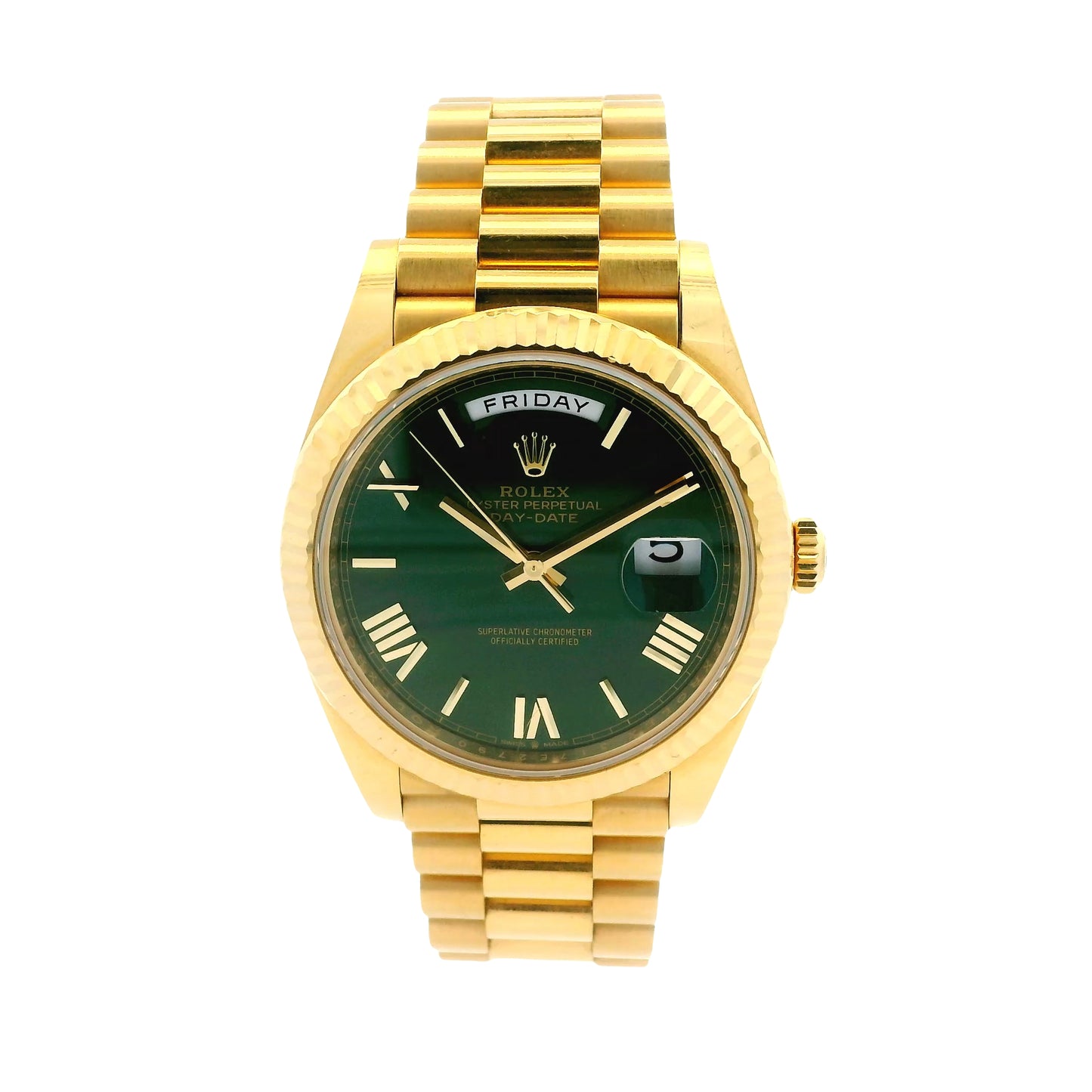 Rolex 228238 Day-Date 40 40mm Green Roman Dial 18k Yellow Gold Watch — worn on the wrist