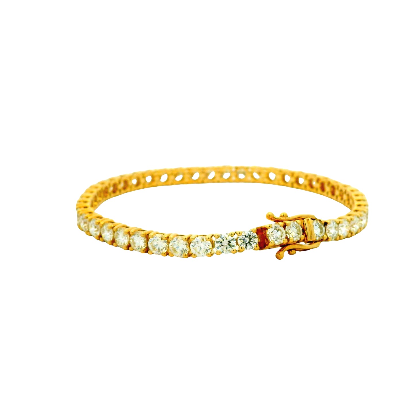 14k Yellow Gold 9.70ctw Round Brilliant Natural Diamond Tennis Bracelet — worn on the wrist