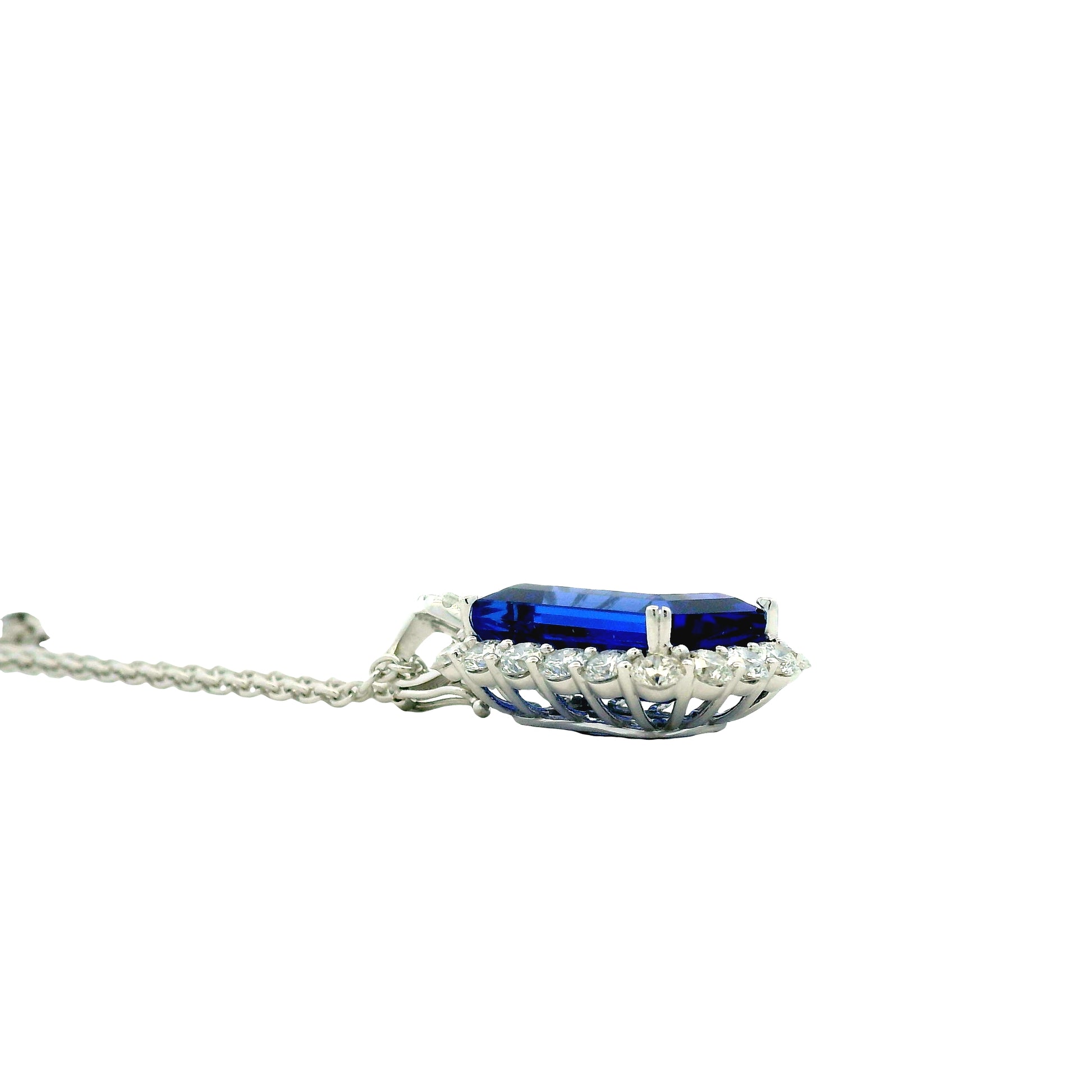 14k White Gold 13.50ct Emerald Cut Tanzanite & 2.54ctw Round Brilliant Diamond Halo Pendant Necklace — photo 8 of 8