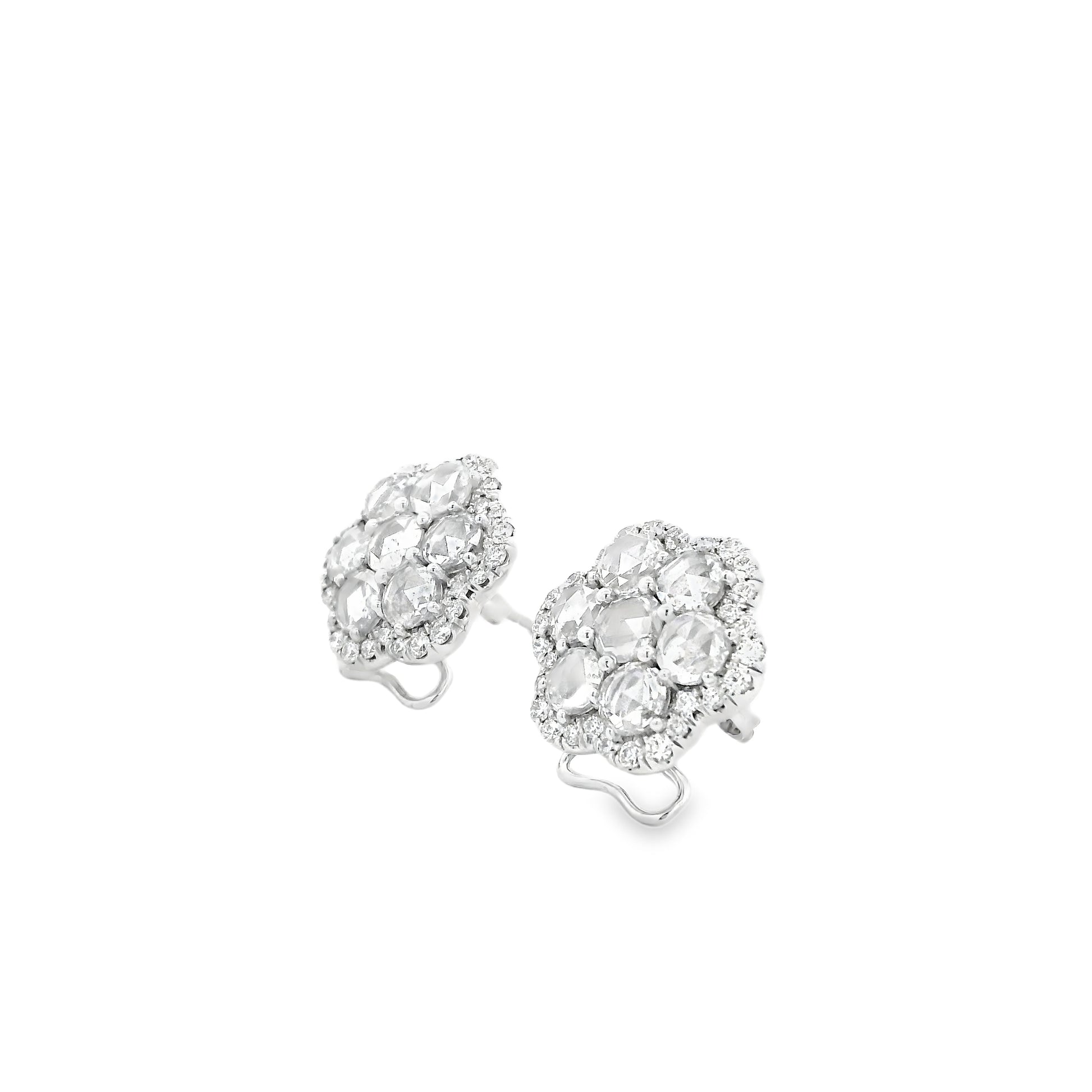 14k White Gold 3.60ctw Old Cut Natural Diamond Flower Cluster Button Earrings — photo 8 of 14