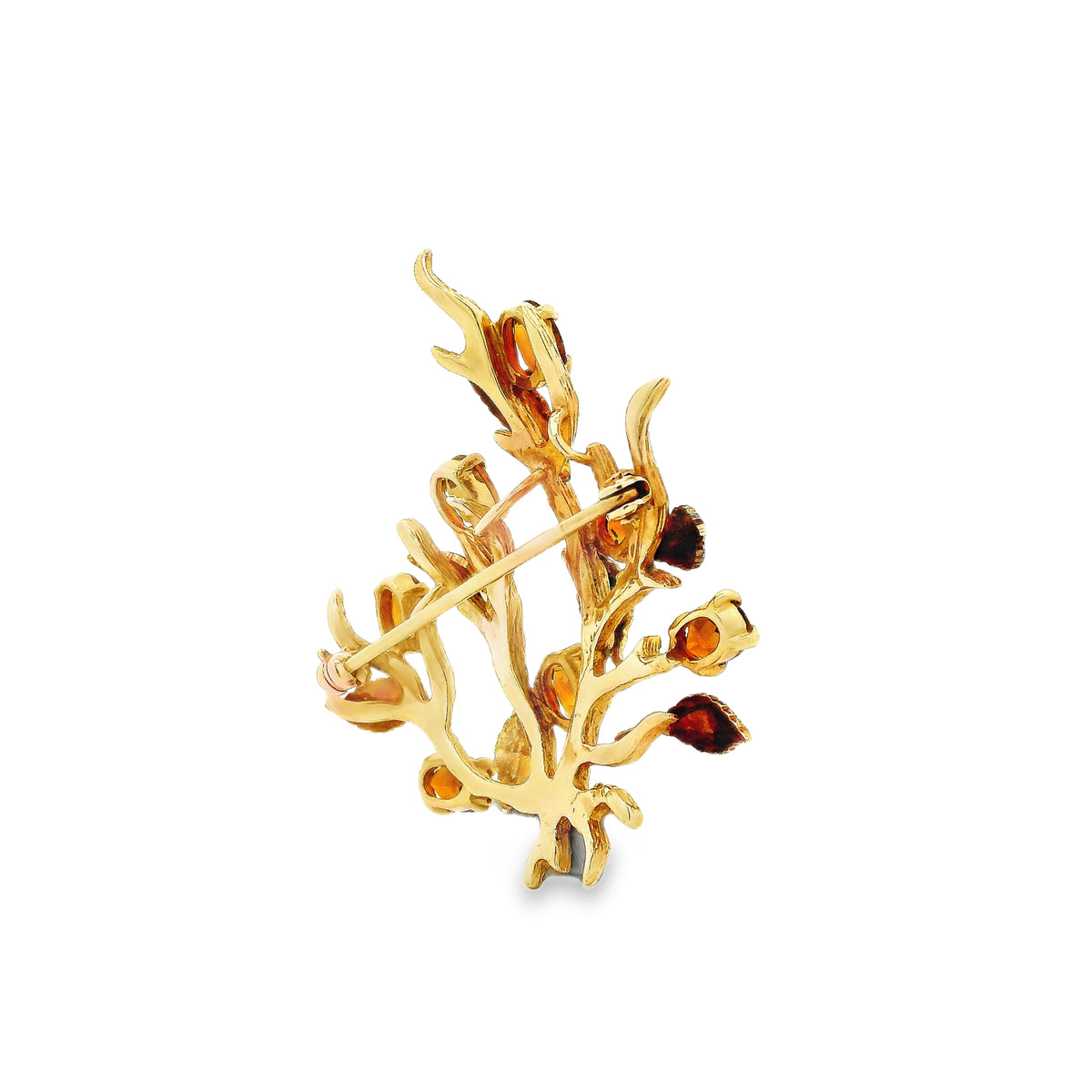 14k Yellow Gold Vintage Orange Gemstone Branch and Leaves Brooch Pin — photo 8 of 10