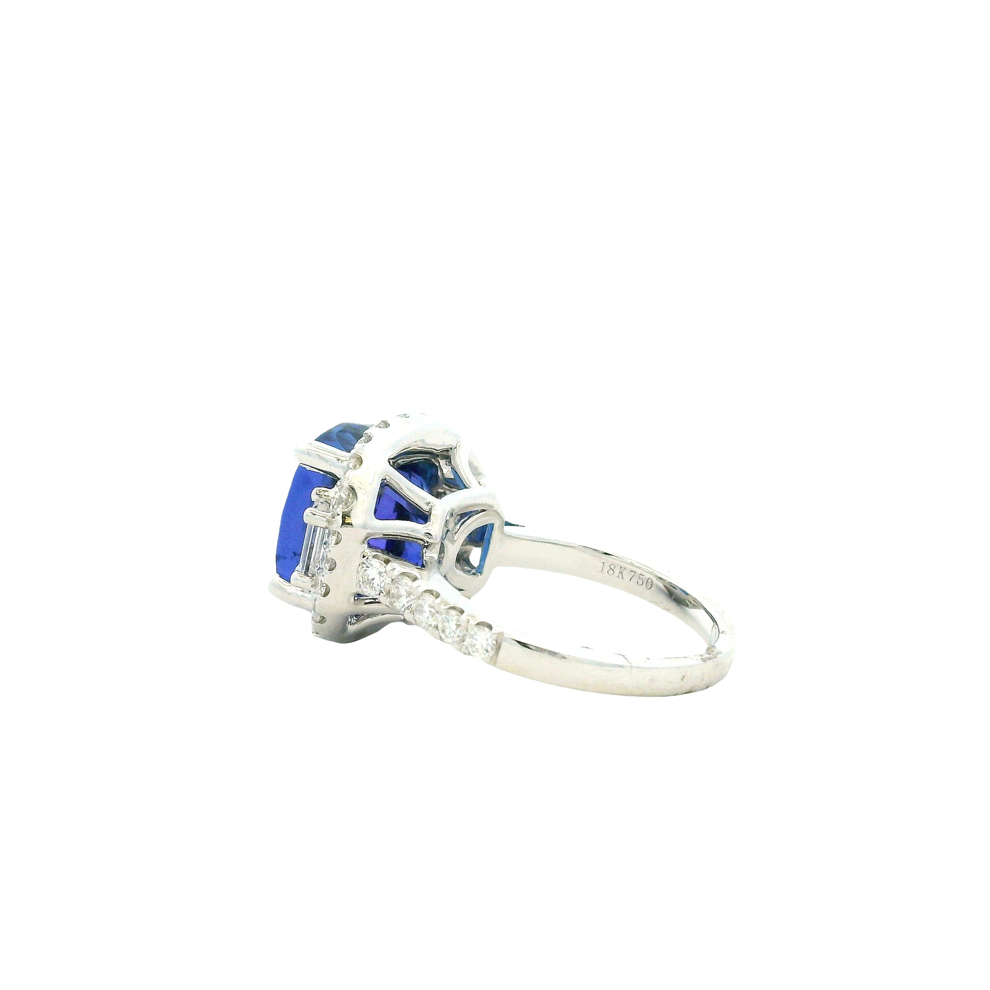 18k White Gold 8.45ct Cushion Cut Tanzanite and 1.55ctw Diamond Three-Stone Cocktail Ring — photo 8 of 12
