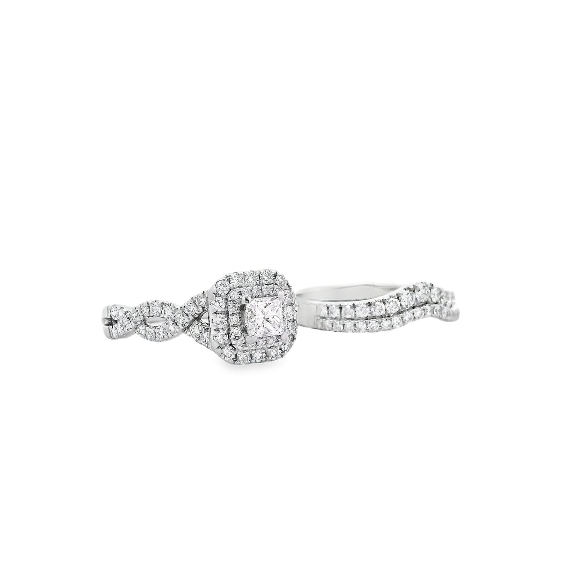 14k White Gold 0.30ct Princess Cut Diamond Double Halo and Wedding Band Engagement Ring Set — photo 8 of 8
