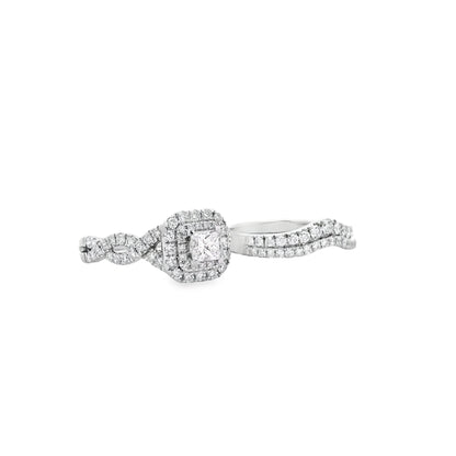14k White Gold 0.30ct Princess Cut Diamond Double Halo and Wedding Band Engagement Ring Set — photo 8 of 8