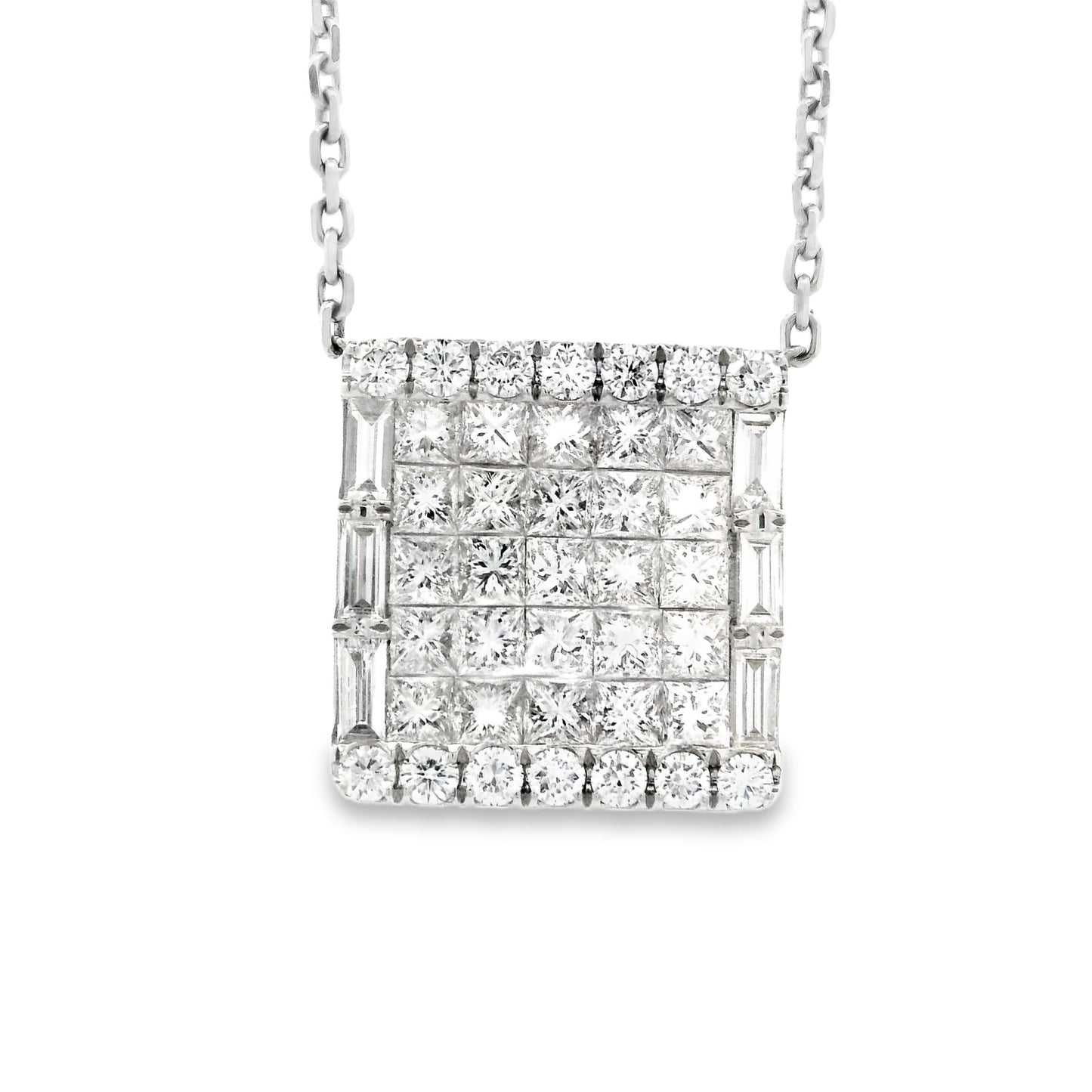 18k White Gold 4.00ctw Baguette & Princess Cut Diamond Invisible Set Pendant Necklace — photo 8 of 8