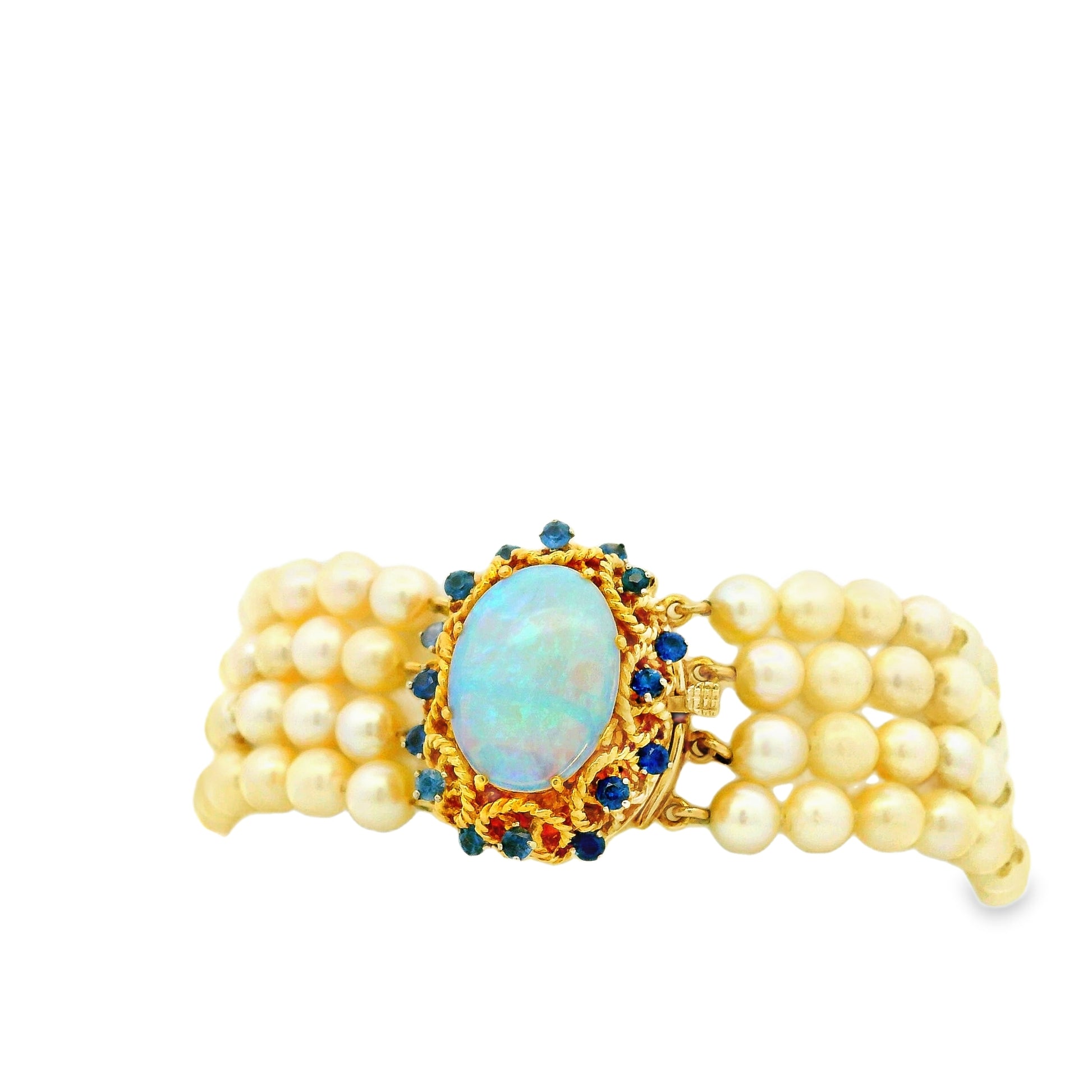 14k Yellow Gold 4-Strand Natural Pearl Bracelet with Opal and Natural Sapphire Cluster Centerpiece — photo 8 of 10