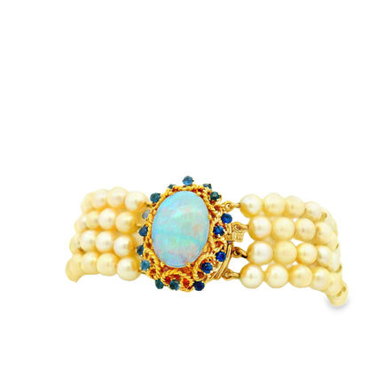 14k Yellow Gold 4-Strand Natural Pearl Bracelet with Opal and Natural Sapphire Cluster Centerpiece — photo 8 of 10