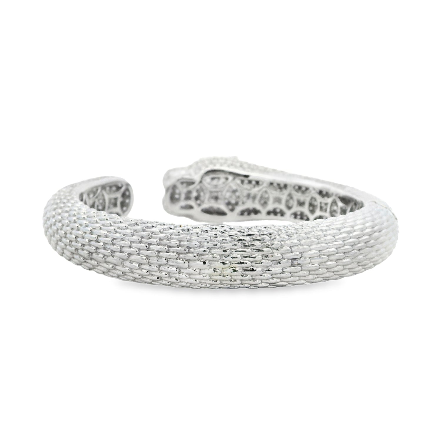18k White Gold 0.31ctw Emerald and 10.57ctw Round Diamond Pavé Panther Hinged Bangle Bracelet — photo 8 of 13
