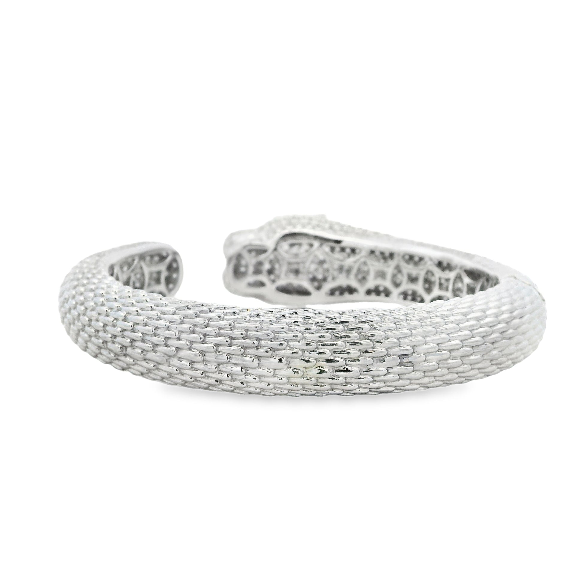 18k White Gold 0.31ctw Emerald and 10.57ctw Round Diamond Pavé Panther Hinged Bangle Bracelet — photo 8 of 13