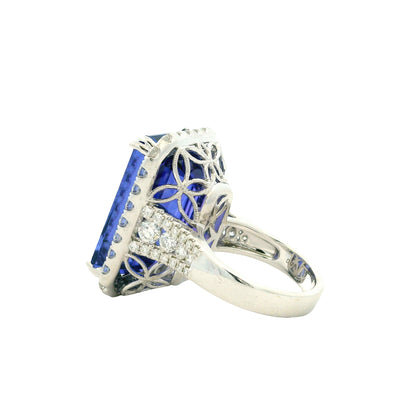 18k White Gold 34.72ct Emerald Cut Tanzanite and 2.26ctw Diamond Halo Cocktail Ring — photo 8 of 15