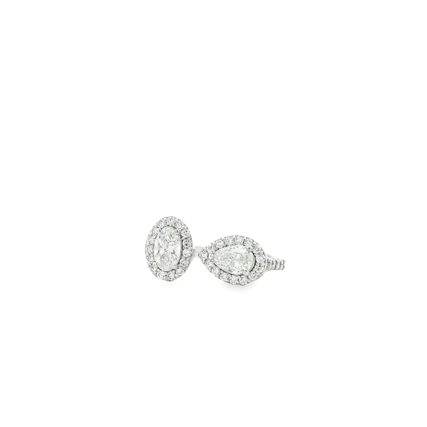 14k White Gold 1.49ctw Oval & Pear Cut Diamond Pavé Halo Toi et Moi Ring — photo 9 of 9