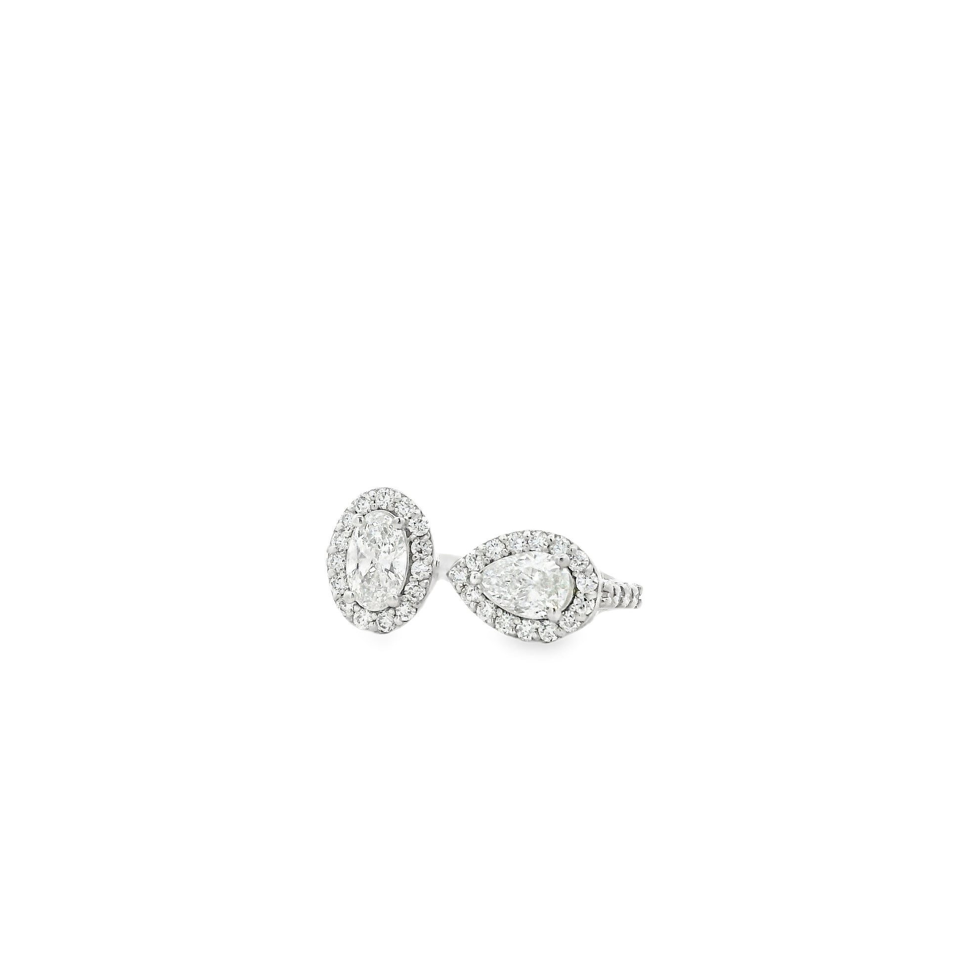 14k White Gold 1.49ctw Oval & Pear Cut Diamond Pavé Halo Toi et Moi Ring — photo 9 of 9