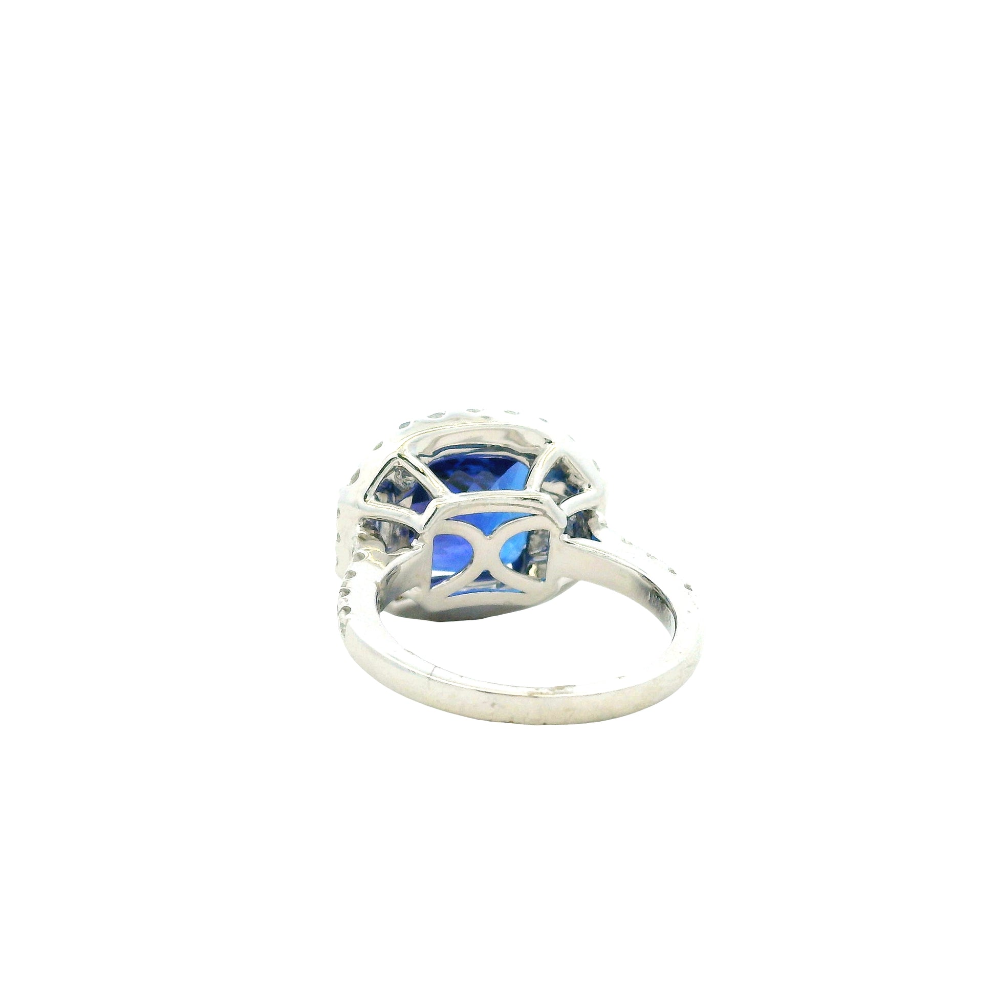 18k White Gold 8.45ct Cushion Cut Tanzanite and 1.55ctw Diamond Three-Stone Cocktail Ring — photo 9 of 12