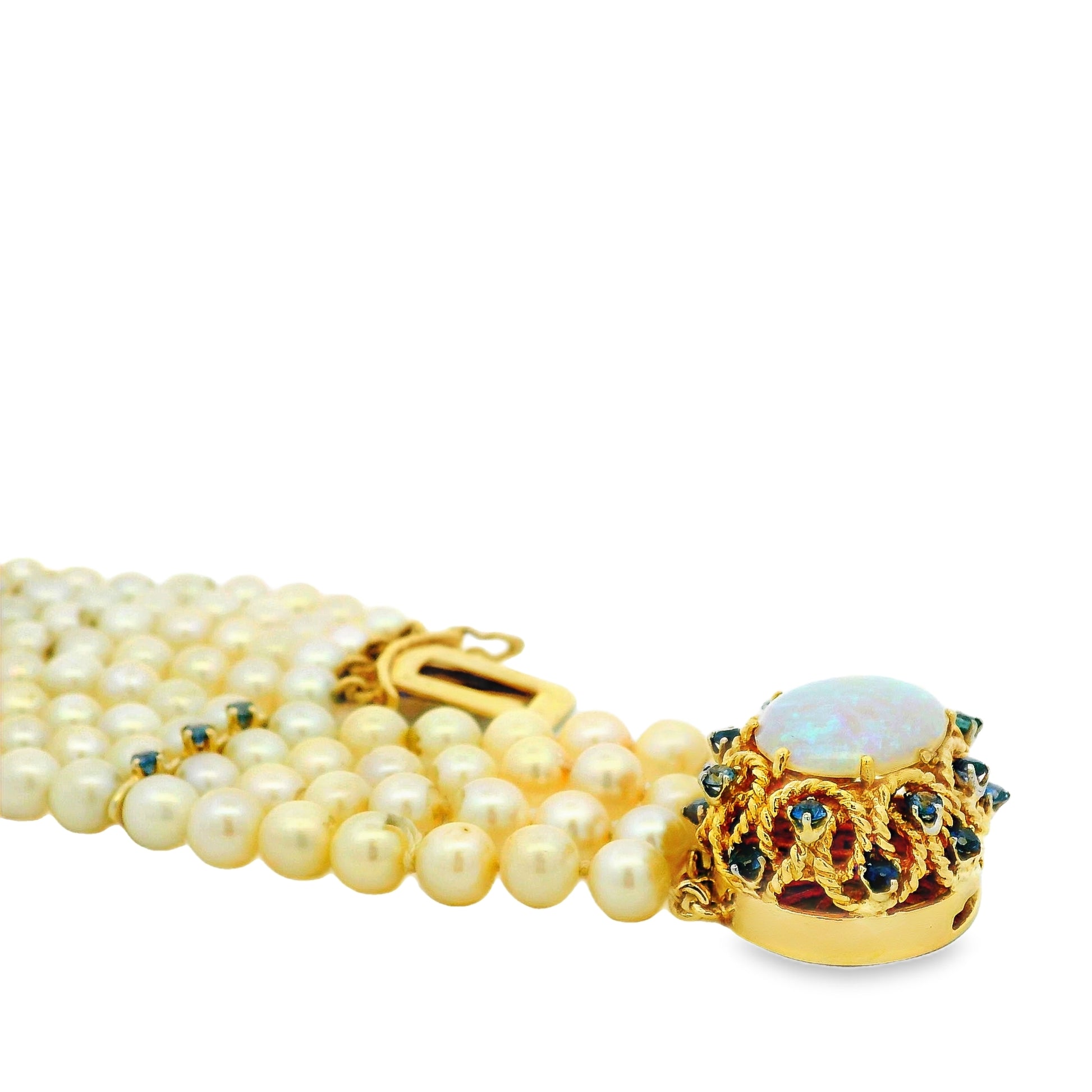 14k Yellow Gold 4-Strand Natural Pearl Bracelet with Opal and Natural Sapphire Cluster Centerpiece — photo 9 of 10