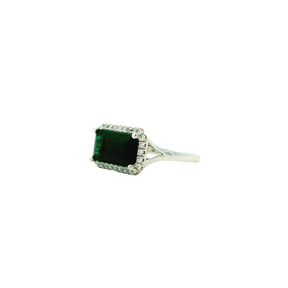 14k White Gold 3.54ct Emerald Cut Blue Tourmaline and 0.27ctw Diamond Halo Ring — photo 9 of 11
