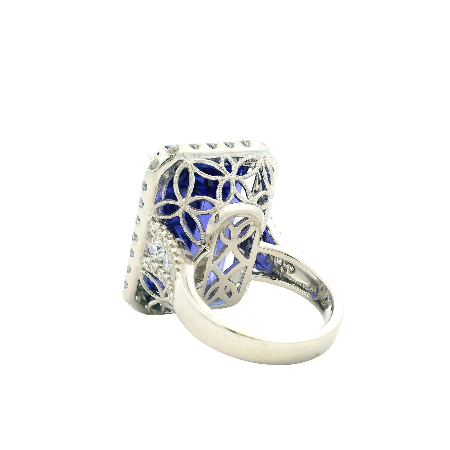 18k White Gold 34.72ct Emerald Cut Tanzanite and 2.26ctw Diamond Halo Cocktail Ring — photo 9 of 15
