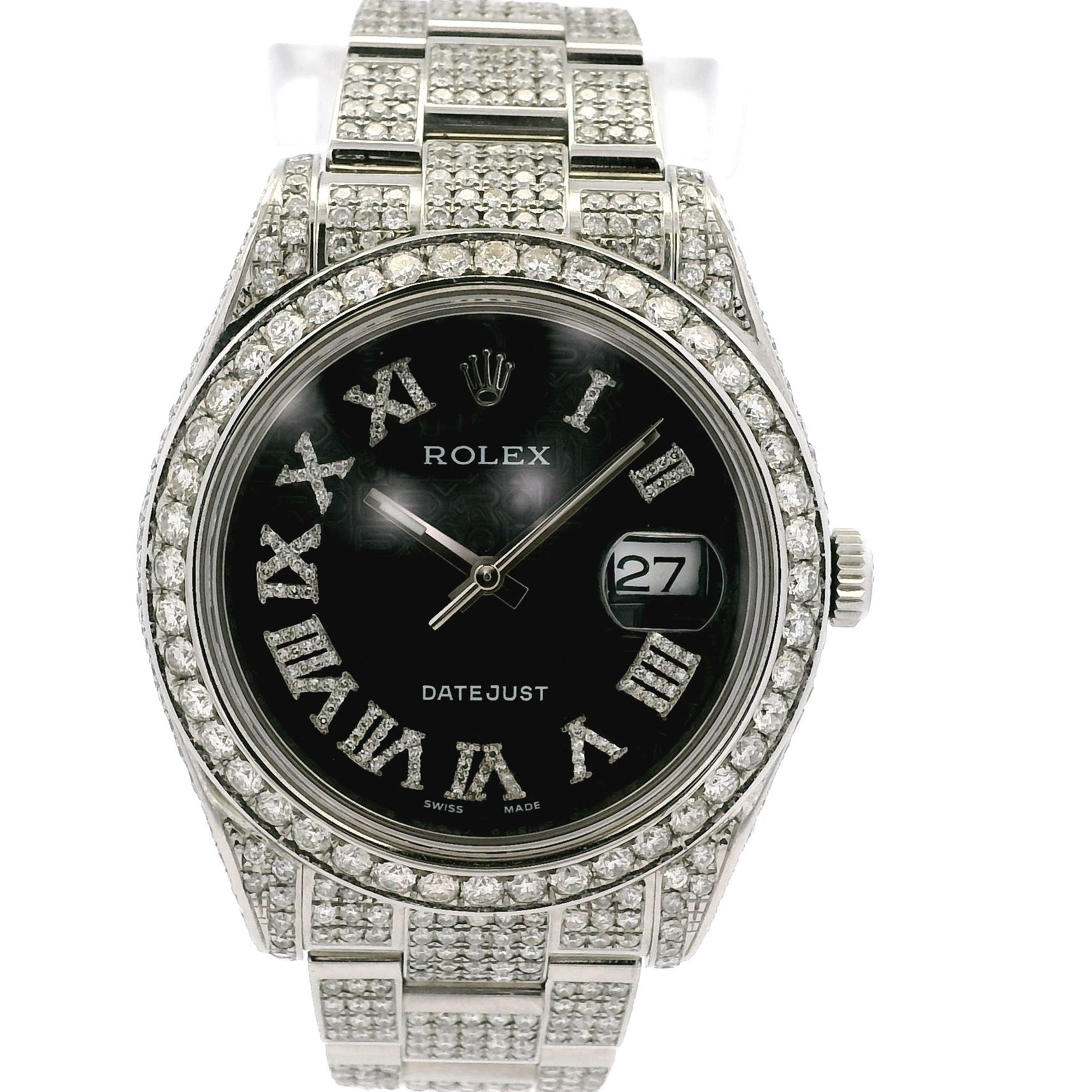 Luxury watch with diamond-studded case and black dial on a white background