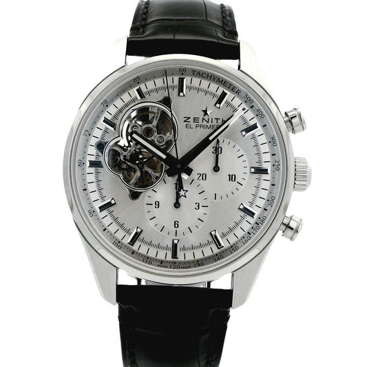 Zenith watch with black leather strap on a white background