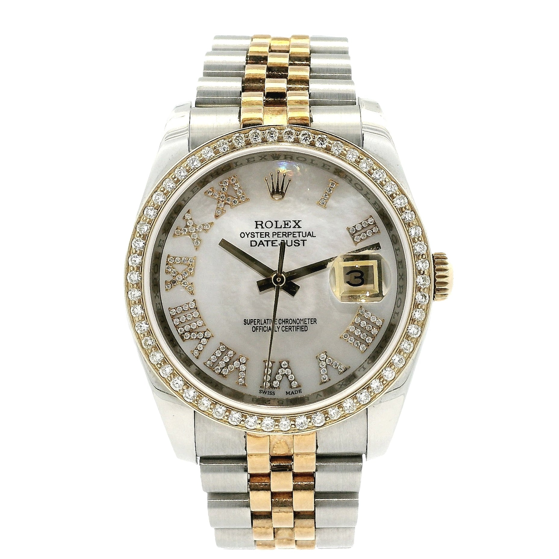 Rolex 116233 Datejust 18k Yellow Gold Aftermarket Mother of Pearl Diamond Watch