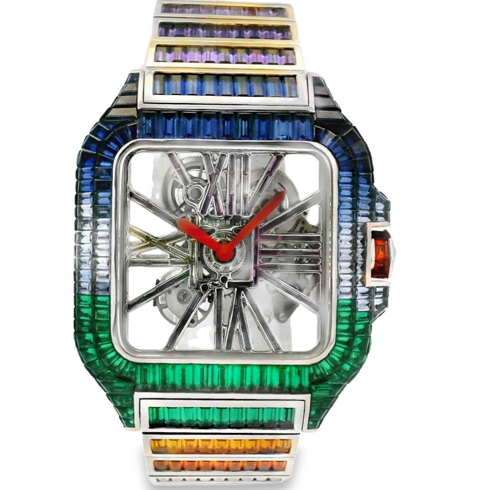 Multicolored watch with a transparent face on a white background