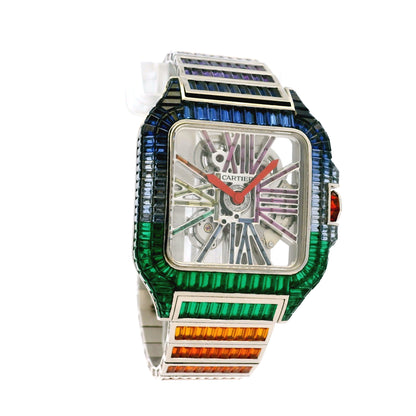 Cartier Santos 3273 18k White Gold Aftermarket Rainbow Skeleton Watch