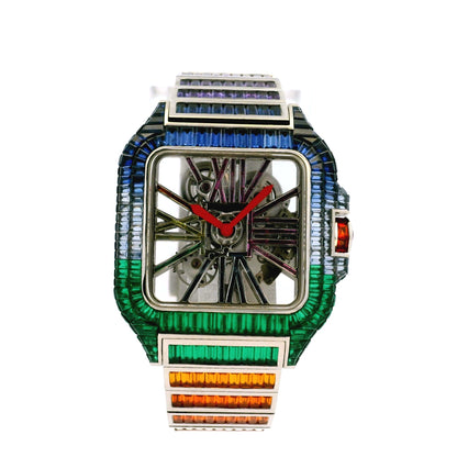 Cartier Santos 3273 18k White Gold Aftermarket Rainbow Skeleton Watch