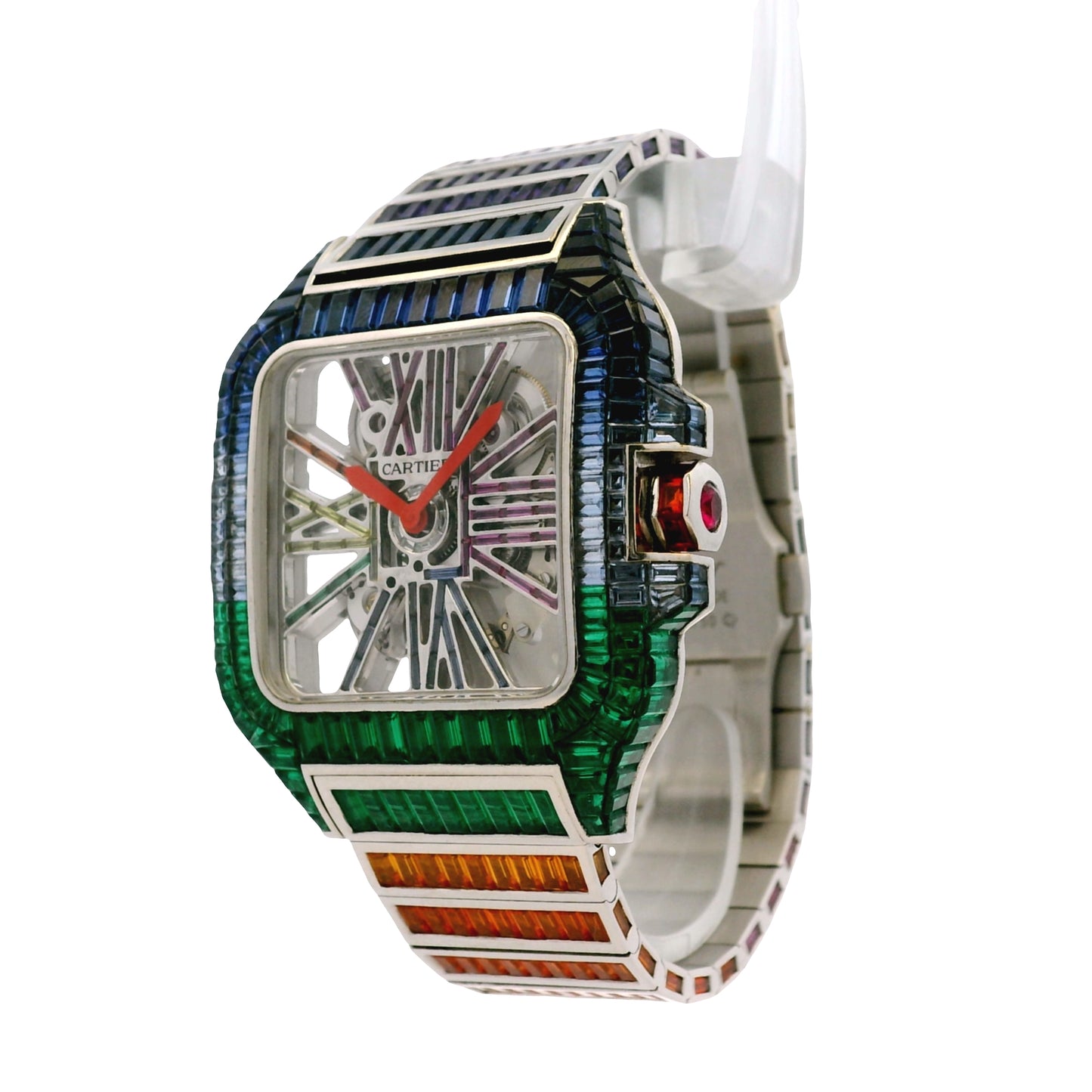 Cartier Santos 3273 18k White Gold Aftermarket Rainbow Skeleton Watch