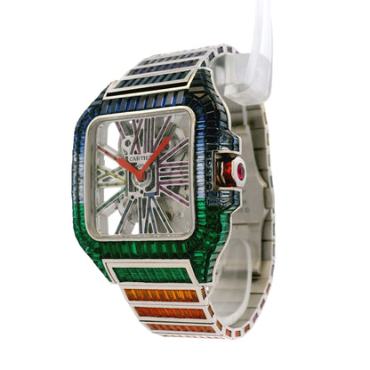 Cartier Santos 3273 18k White Gold Aftermarket Rainbow Skeleton Watch