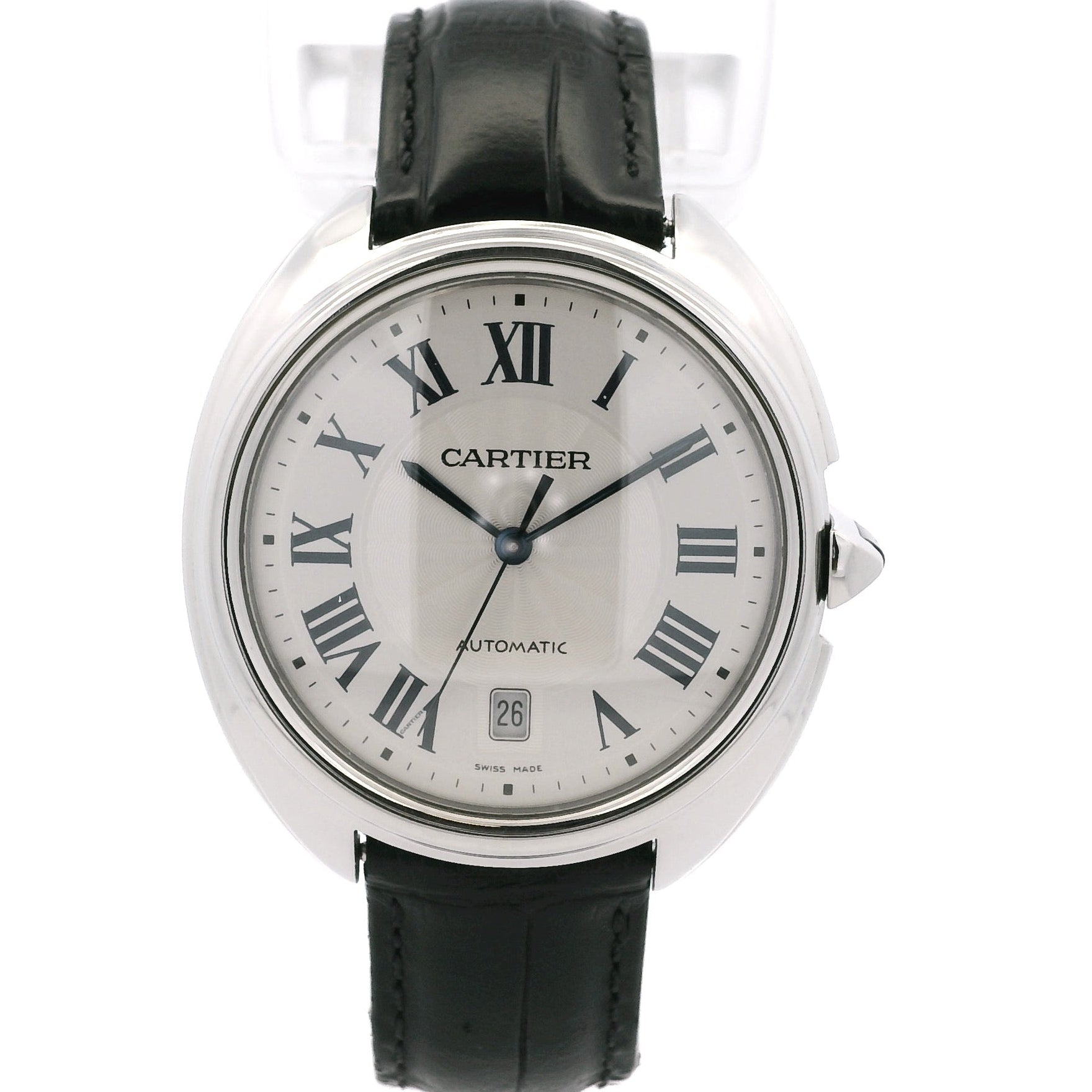 Cartier watch with black leather strap on a white background