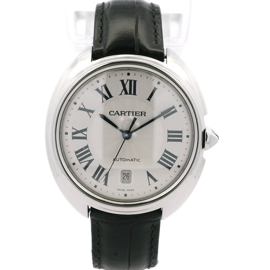 Cartier watch with black leather strap on a white background