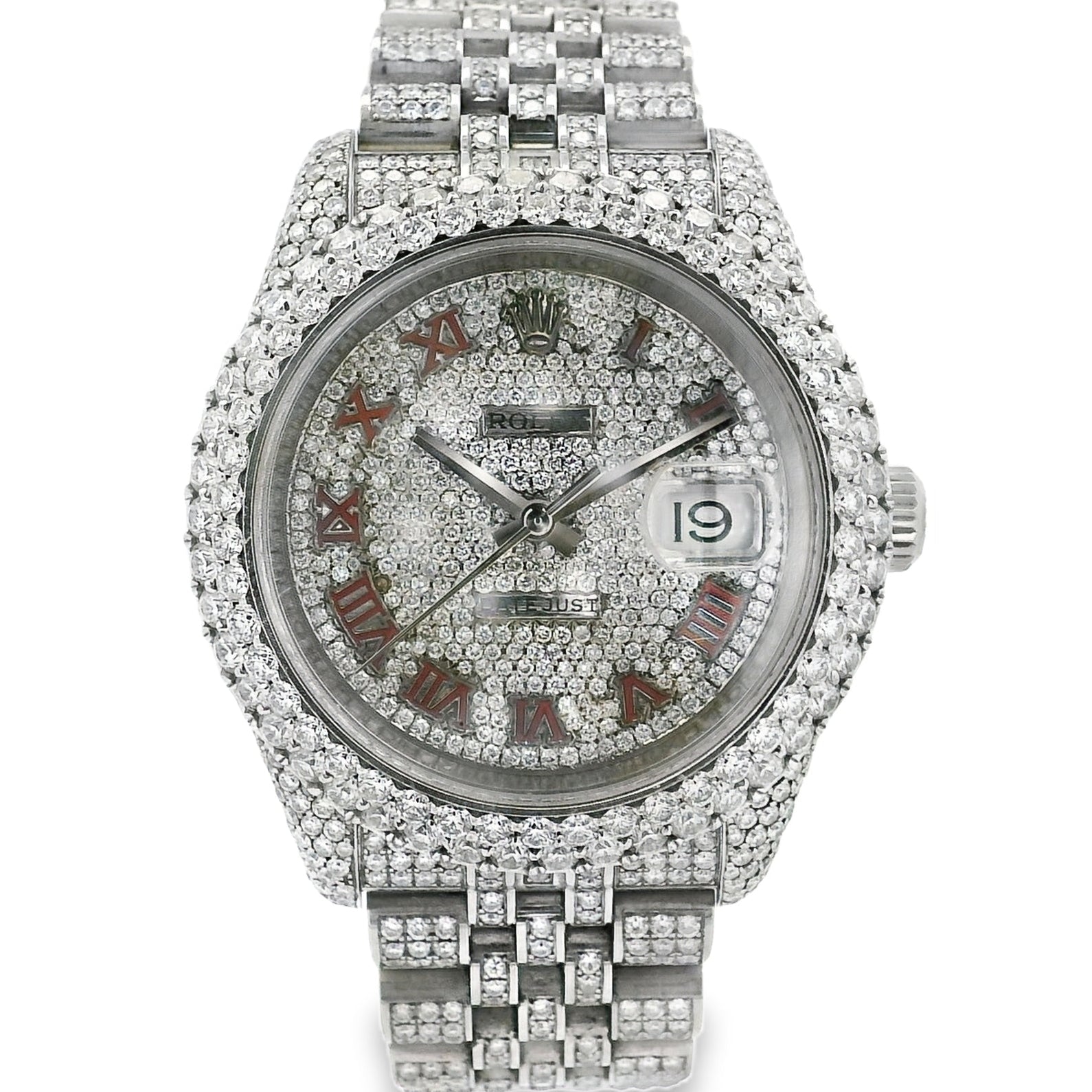 Luxury watch with a diamond-studded band on a white background