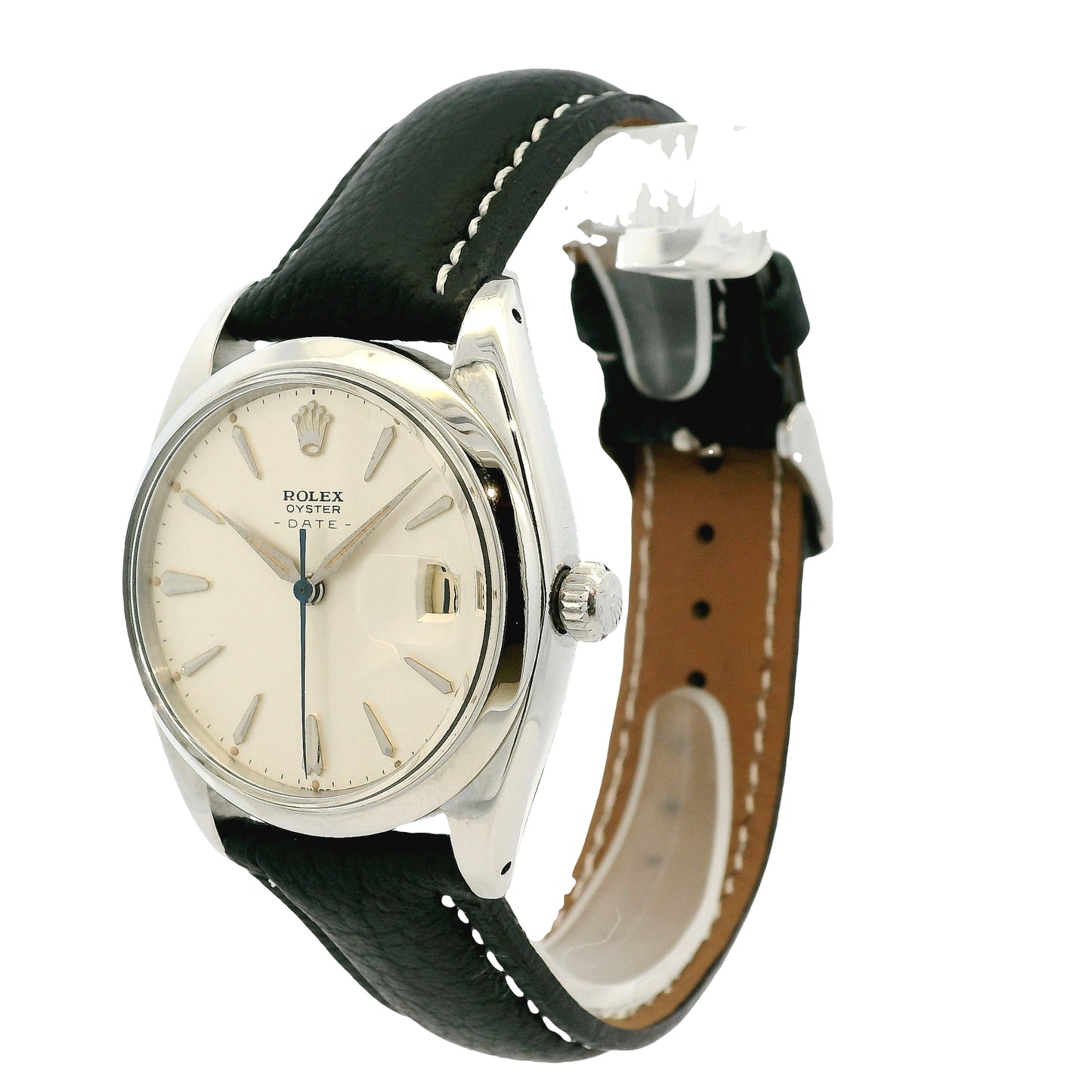 Rolex Oyster Date 6694 Stainless Steel 34mm Silver Dial on Leather Band Watch