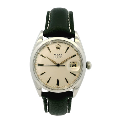 Rolex Oyster Date 6694 Stainless Steel 34mm Silver Dial on Leather Band Watch