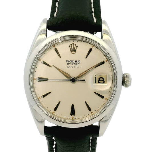 Rolex Oyster Date 6694 Stainless Steel 34mm Silver Dial on Leather Band Watch