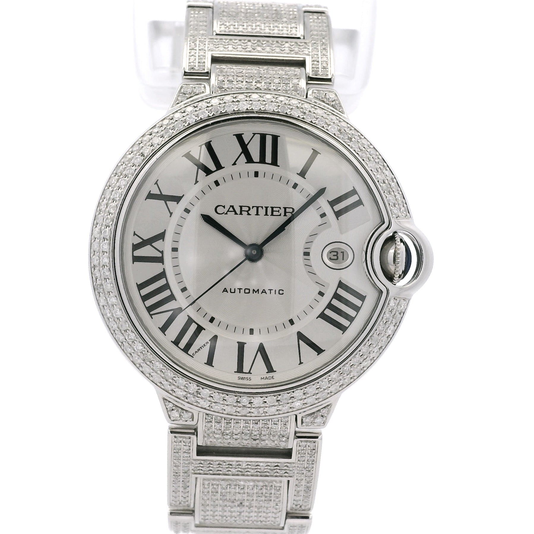 Silver Cartier watch with diamond-studded bezel on a white background
