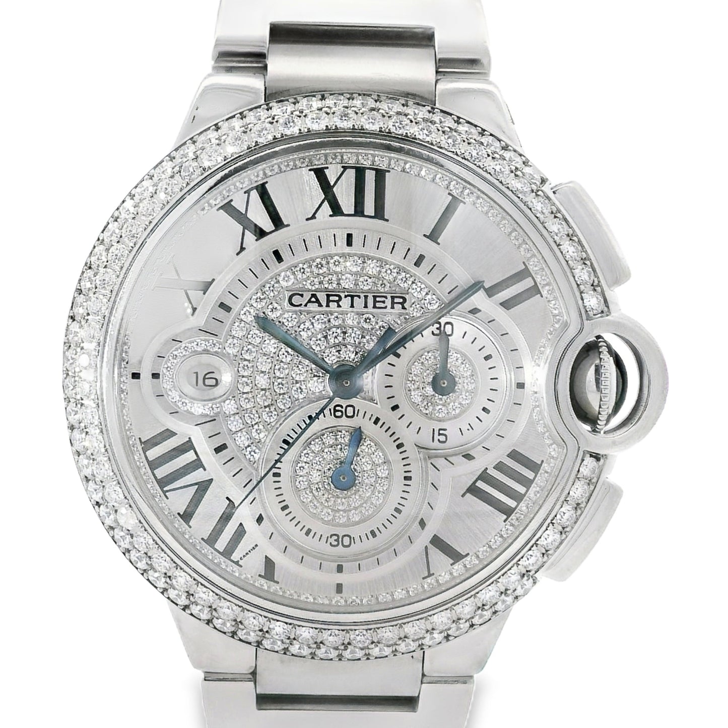 Cartier 3109 Ballon Bleu 44mm Silver Roman Dial with Aftermarket Diamonds Watch