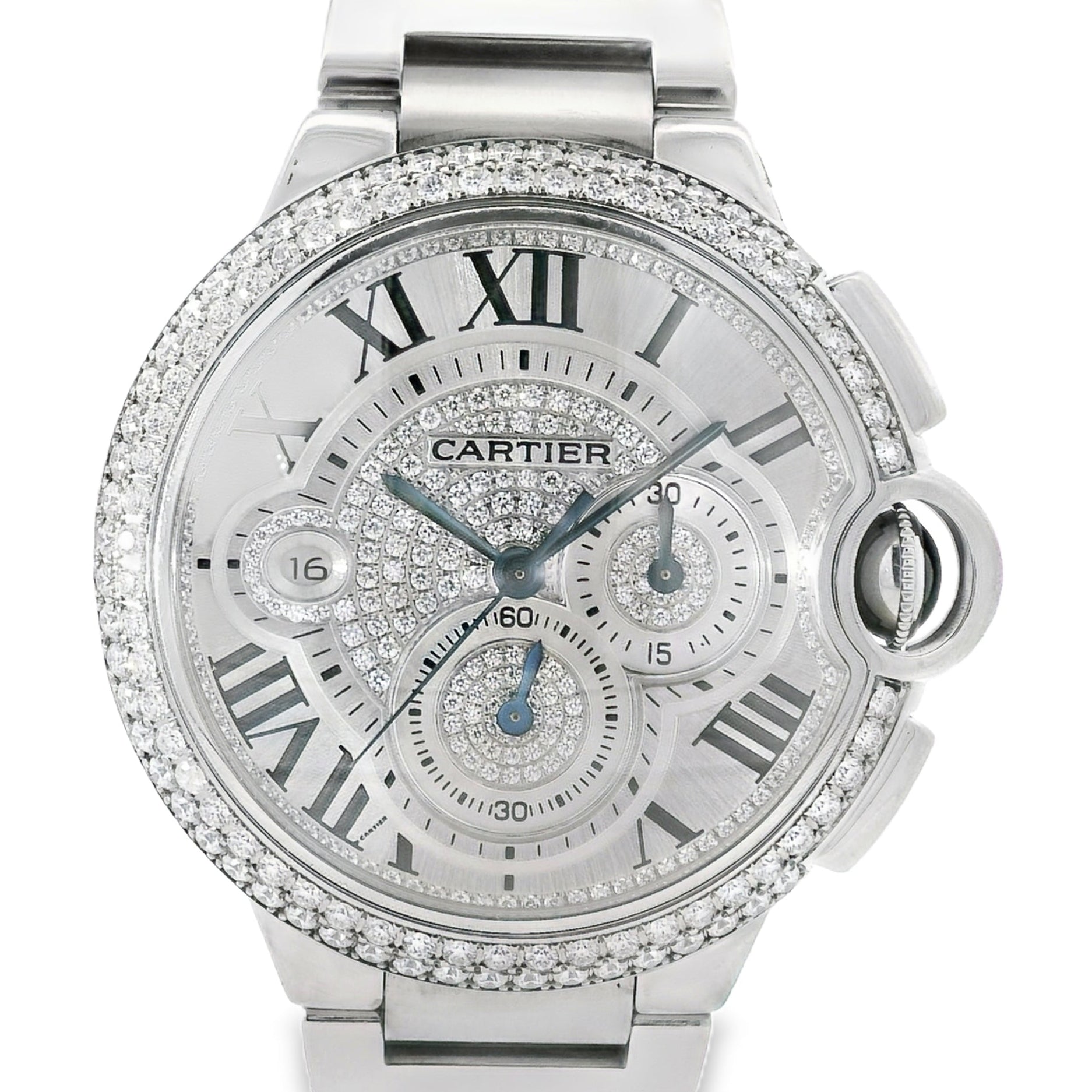 Cartier 3109 Ballon Bleu 44mm Silver Roman Dial with Aftermarket Diamonds Watch