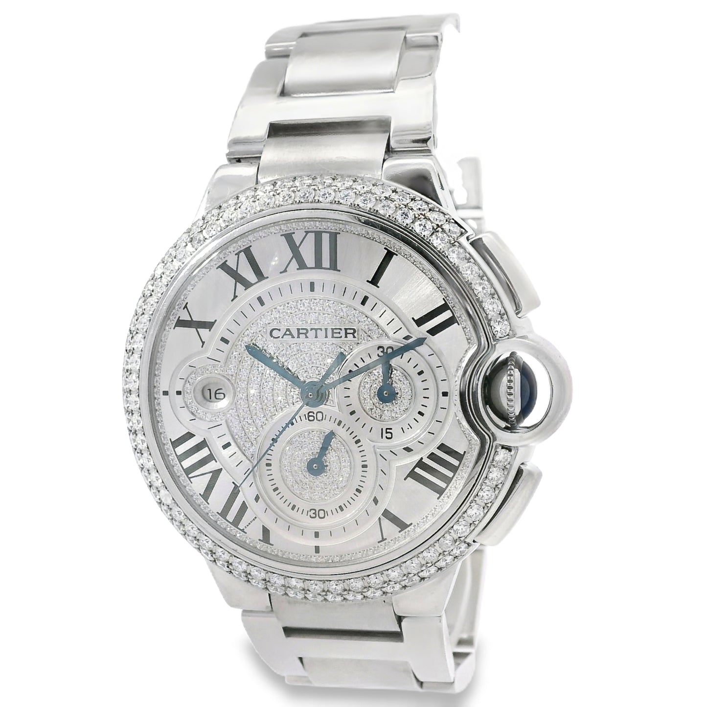 Cartier 3109 Ballon Bleu 44mm Silver Roman Dial with Aftermarket Diamonds Watch