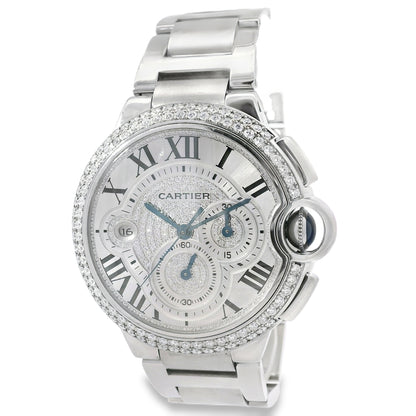 Cartier 3109 Ballon Bleu 44mm Silver Roman Dial with Aftermarket Diamonds Watch