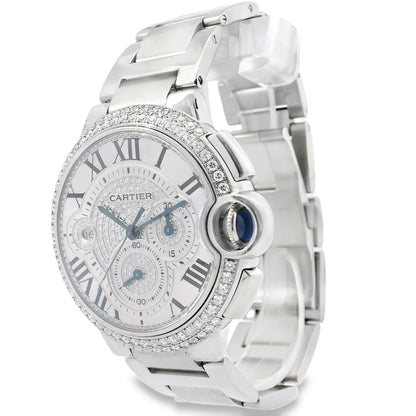 Cartier 3109 Ballon Bleu 44mm Silver Roman Dial with Aftermarket Diamonds Watch