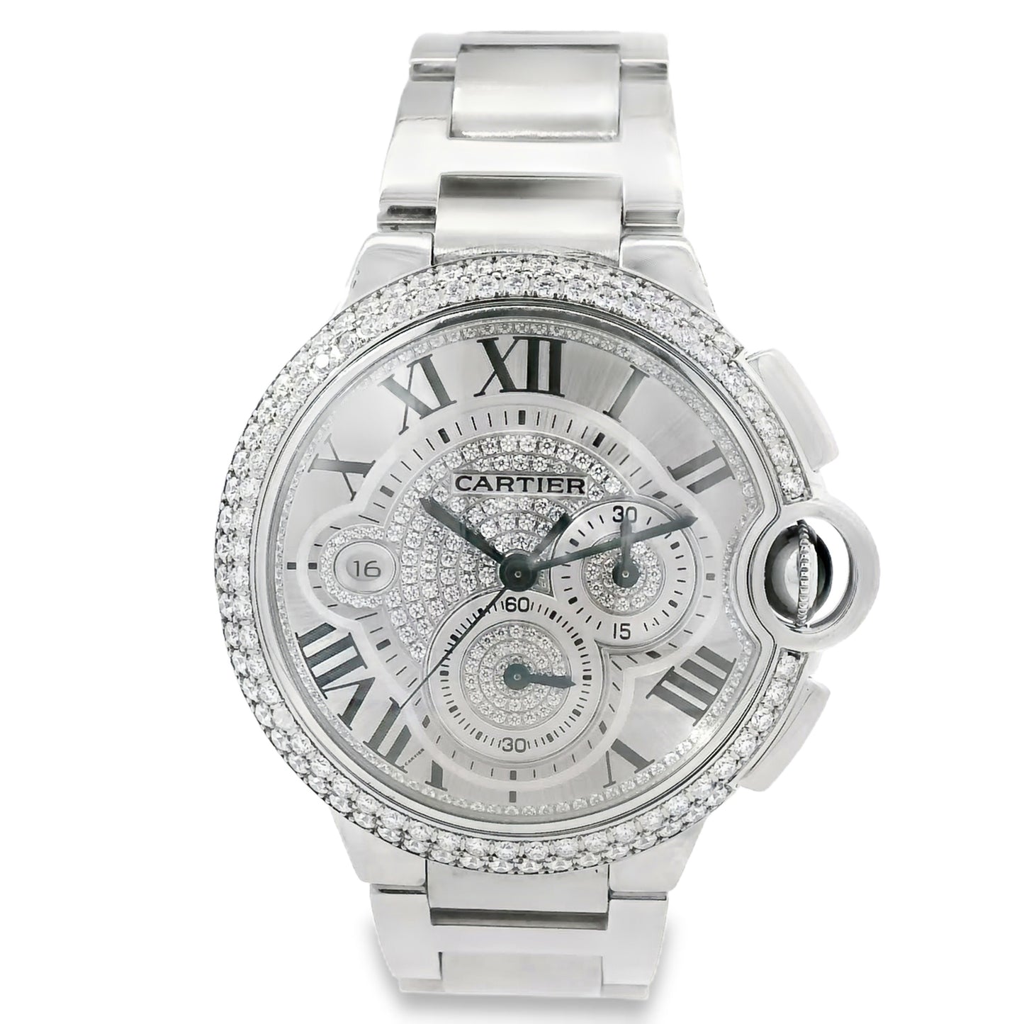 Cartier 3109 Ballon Bleu 44mm Silver Roman Dial with Aftermarket Diamonds Watch