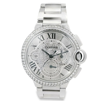Cartier 3109 Ballon Bleu 44mm Silver Roman Dial with Aftermarket Diamonds Watch
