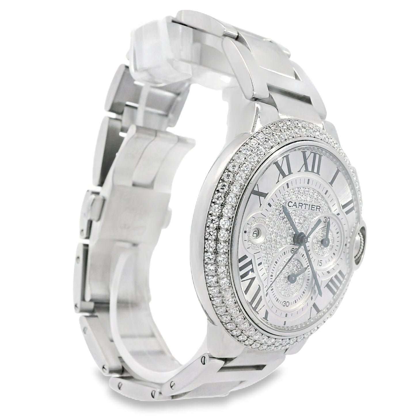 Cartier 3109 Ballon Bleu 44mm Silver Roman Dial with Aftermarket Diamonds Watch