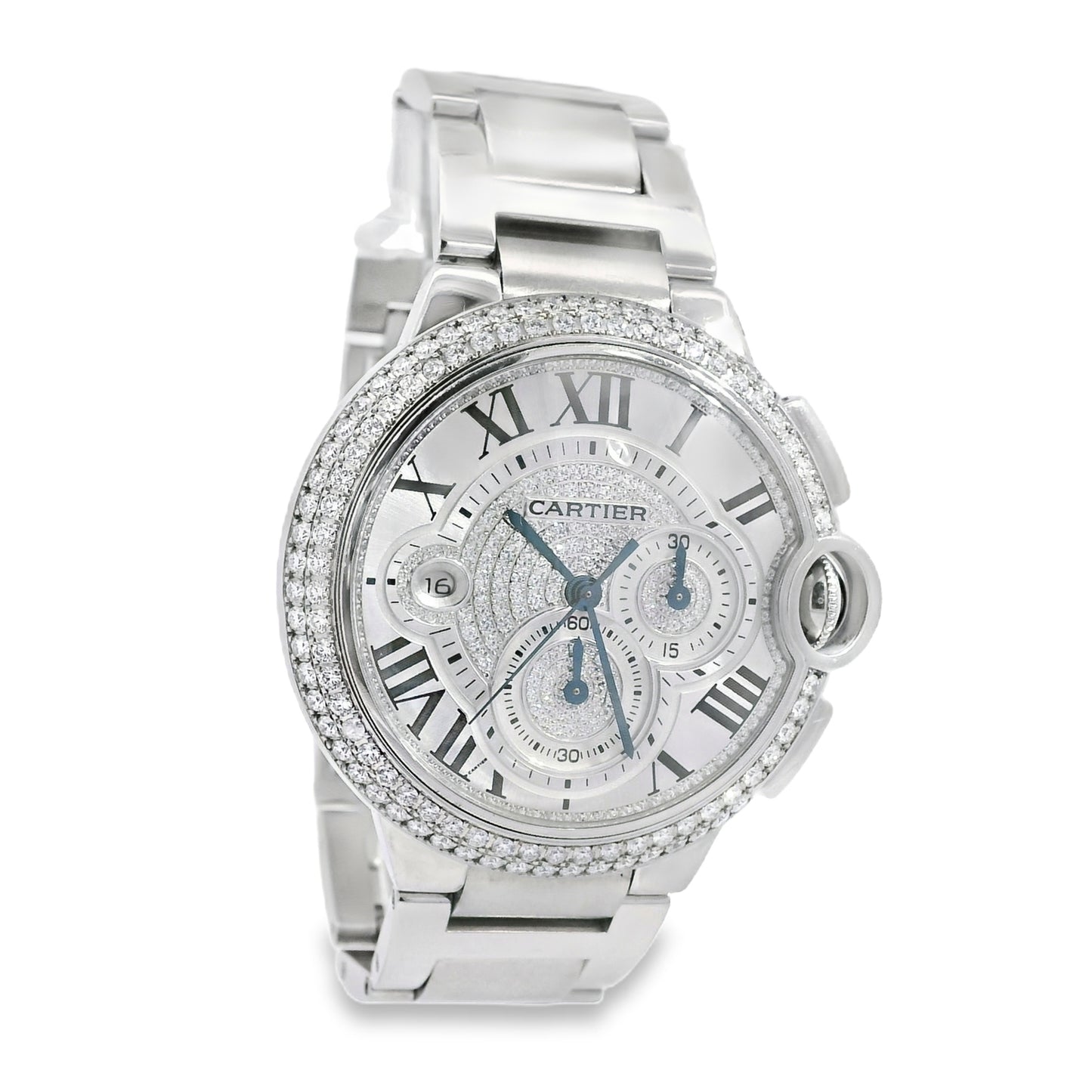 Cartier 3109 Ballon Bleu 44mm Silver Roman Dial with Aftermarket Diamonds Watch