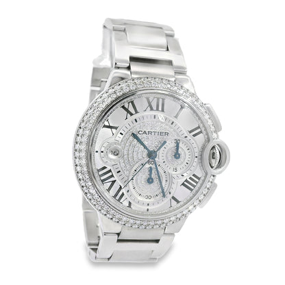 Cartier 3109 Ballon Bleu 44mm Silver Roman Dial with Aftermarket Diamonds Watch