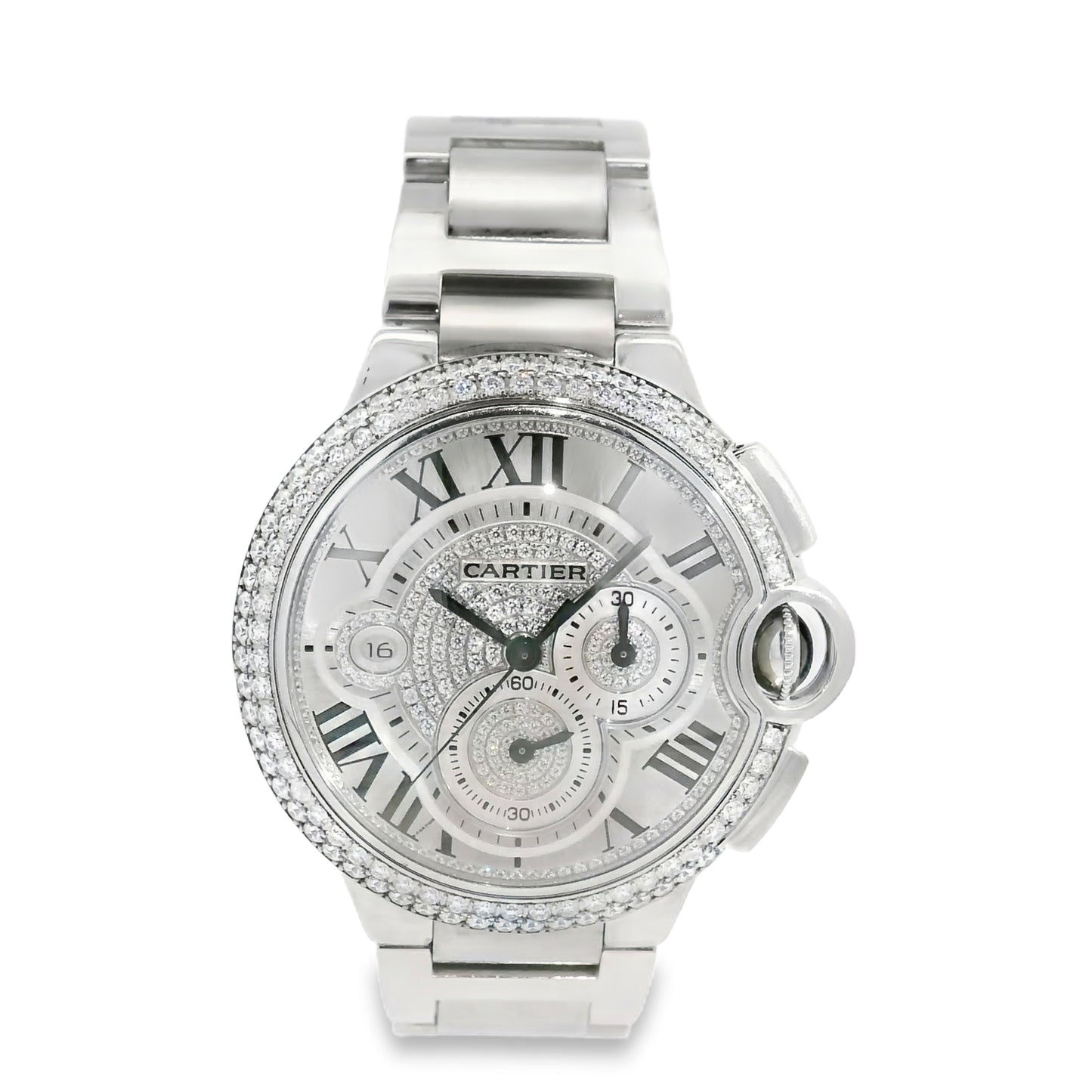 Cartier 3109 Ballon Bleu 44mm Silver Roman Dial with Aftermarket Diamonds Watch