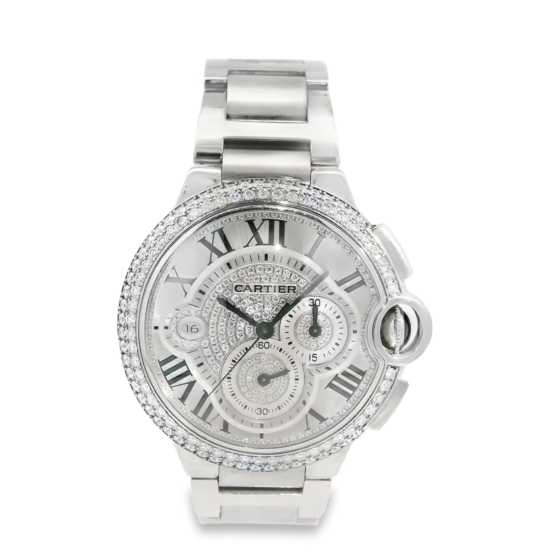 Cartier 3109 Ballon Bleu 44mm Silver Roman Dial with Aftermarket Diamonds Watch